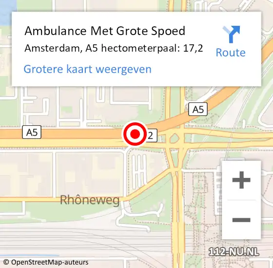 Locatie op kaart van de 112 melding: Ambulance Met Grote Spoed Naar Amsterdam, A5 hectometerpaal: 17,2 op 28 augustus 2022 21:22