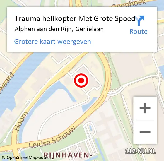 Locatie op kaart van de 112 melding: Trauma helikopter Met Grote Spoed Naar Alphen aan den Rijn, Genielaan op 28 augustus 2022 21:47