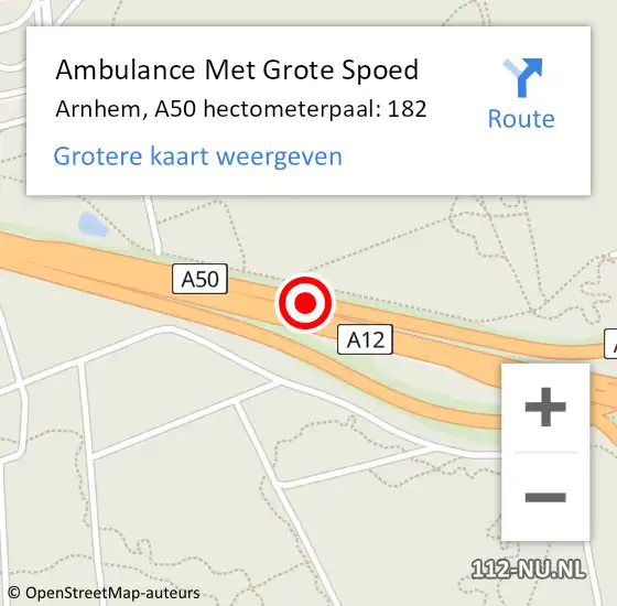 Locatie op kaart van de 112 melding: Ambulance Met Grote Spoed Naar Arnhem, A50 hectometerpaal: 182 op 28 augustus 2022 22:00