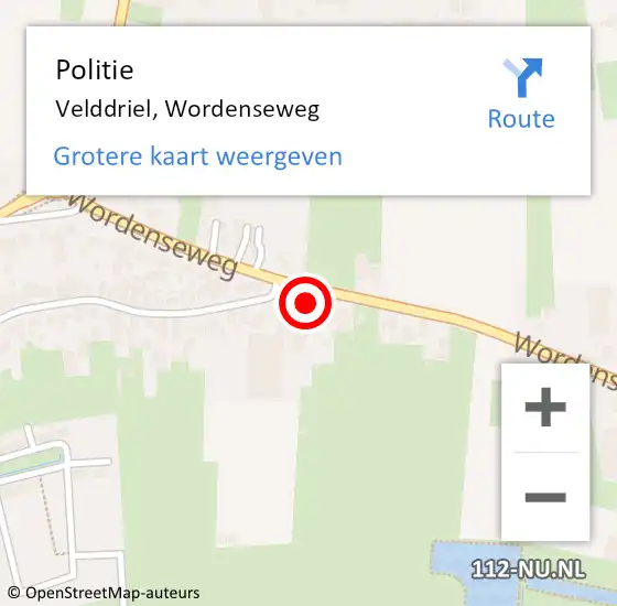 Locatie op kaart van de 112 melding: Politie Velddriel, Wordenseweg op 28 augustus 2022 22:34