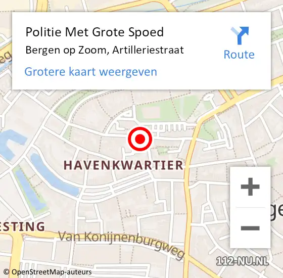 Locatie op kaart van de 112 melding: Politie Met Grote Spoed Naar Bergen op Zoom, Artilleriestraat op 28 augustus 2022 22:45