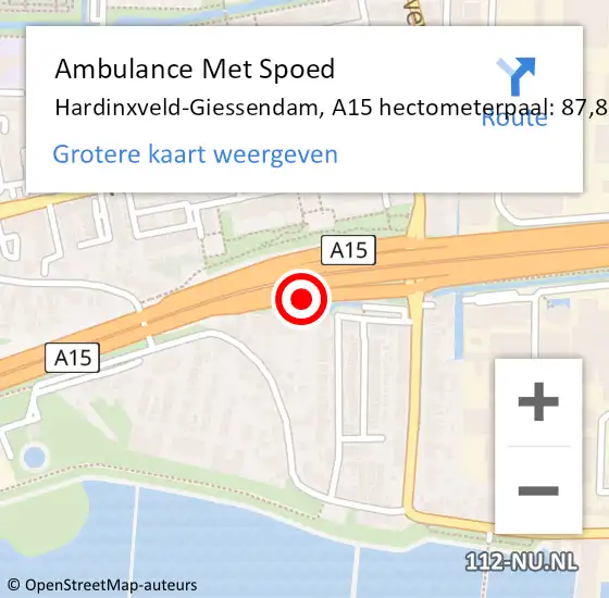 Locatie op kaart van de 112 melding: Ambulance Met Spoed Naar Hardinxveld-Giessendam, A15 hectometerpaal: 87,8 op 29 augustus 2022 01:31