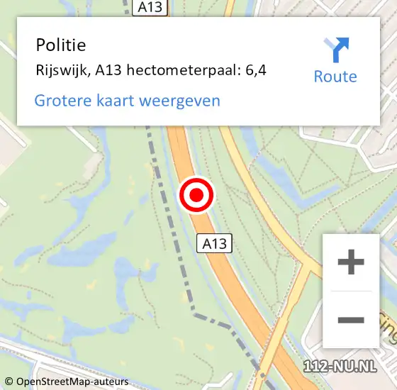 Locatie op kaart van de 112 melding: Politie Den Haag, A13 hectometerpaal: 6,4 op 29 augustus 2022 04:44