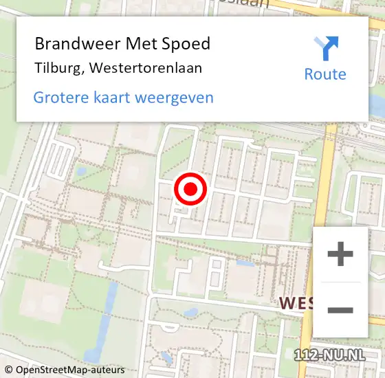 Locatie op kaart van de 112 melding: Brandweer Met Spoed Naar Tilburg, Westertorenlaan op 29 augustus 2022 09:30