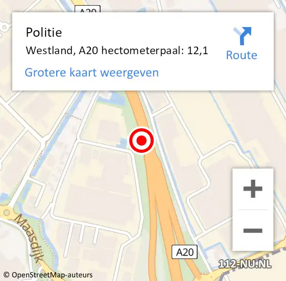 Locatie op kaart van de 112 melding: Politie Westland, A20 hectometerpaal: 12,1 op 29 augustus 2022 09:30