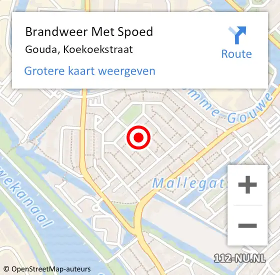 Locatie op kaart van de 112 melding: Brandweer Met Spoed Naar Gouda, Koekoekstraat op 29 augustus 2022 09:54