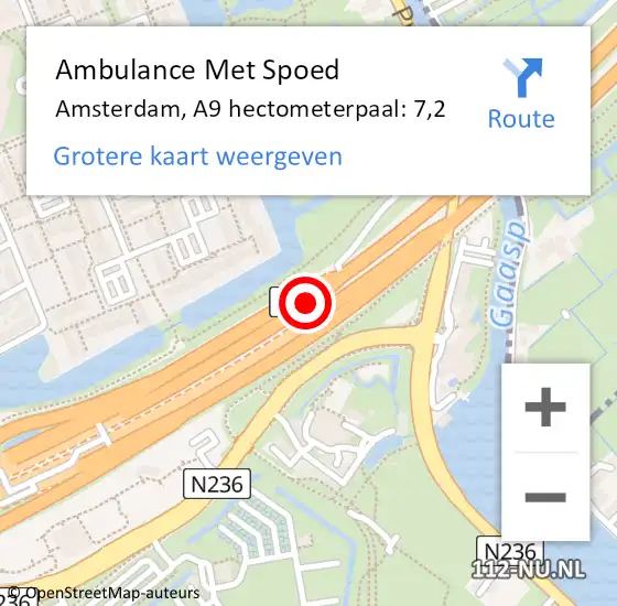 Locatie op kaart van de 112 melding: Ambulance Met Spoed Naar Amsterdam, A9 hectometerpaal: 7,2 op 29 augustus 2022 10:06