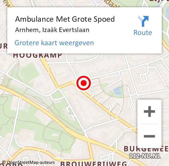 Locatie op kaart van de 112 melding: Ambulance Met Grote Spoed Naar Arnhem, Izaäk Evertslaan op 29 augustus 2022 15:15