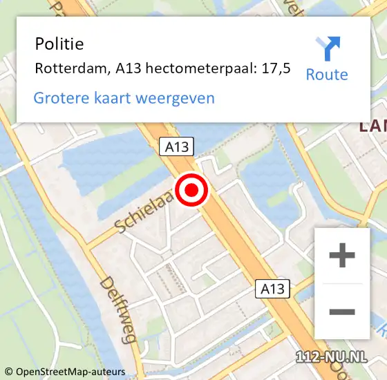 Locatie op kaart van de 112 melding: Politie Rotterdam, A13 hectometerpaal: 17,5 op 29 augustus 2022 16:56