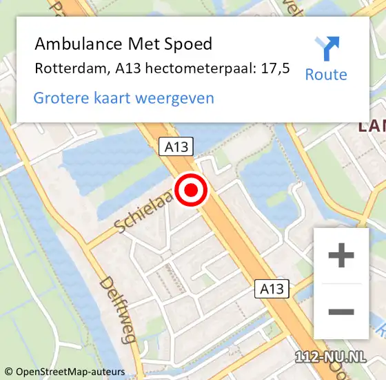 Locatie op kaart van de 112 melding: Ambulance Met Spoed Naar Rotterdam, A13 hectometerpaal: 17,5 op 29 augustus 2022 17:00