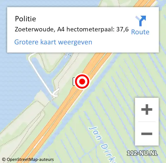 Locatie op kaart van de 112 melding: Politie Zoeterwoude, A4 hectometerpaal: 37,6 op 29 augustus 2022 17:43