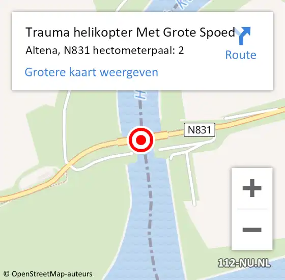 Locatie op kaart van de 112 melding: Trauma helikopter Met Grote Spoed Naar Altena, N831 hectometerpaal: 2 op 29 augustus 2022 17:58