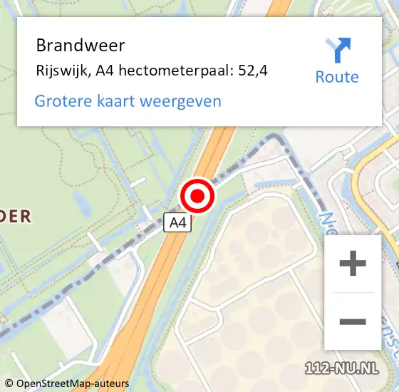 Locatie op kaart van de 112 melding: Brandweer Rijswijk, A4 hectometerpaal: 52,4 op 29 augustus 2022 18:37