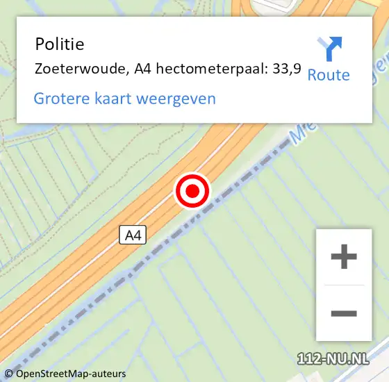 Locatie op kaart van de 112 melding: Politie Zoeterwoude, A4 hectometerpaal: 33,9 op 29 augustus 2022 19:11