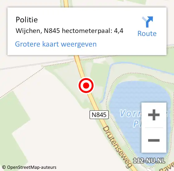 Locatie op kaart van de 112 melding: Politie Wijchen, N845 hectometerpaal: 4,4 op 29 augustus 2022 22:55