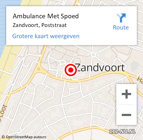 Locatie op kaart van de 112 melding: Ambulance Met Spoed Naar Zandvoort, Poststraat op 30 augustus 2022 01:07