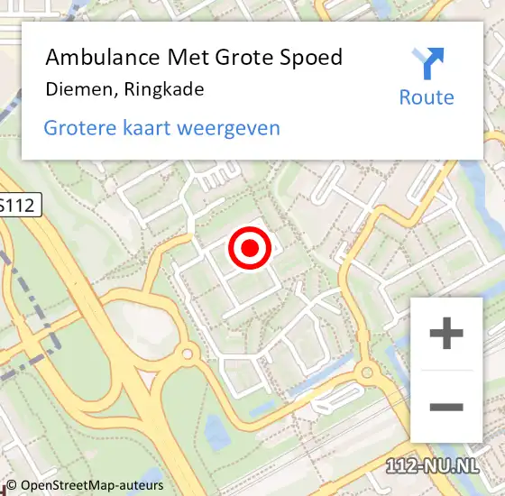 Locatie op kaart van de 112 melding: Ambulance Met Grote Spoed Naar Diemen, Ringkade op 30 augustus 2022 09:41