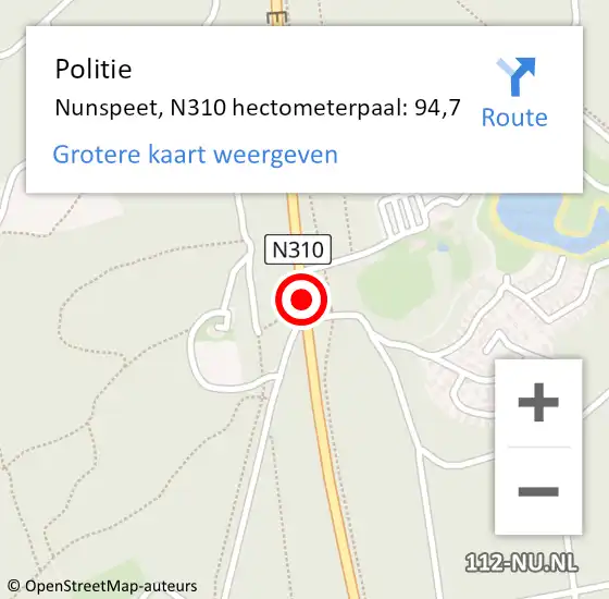 Locatie op kaart van de 112 melding: Politie Nunspeet, N310 hectometerpaal: 94,7 op 30 augustus 2022 14:46