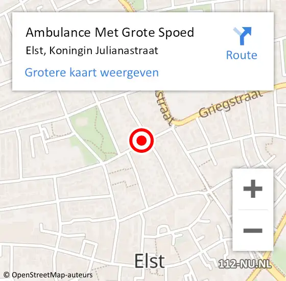Locatie op kaart van de 112 melding: Ambulance Met Grote Spoed Naar Elst, Koningin Julianastraat op 30 augustus 2022 14:58