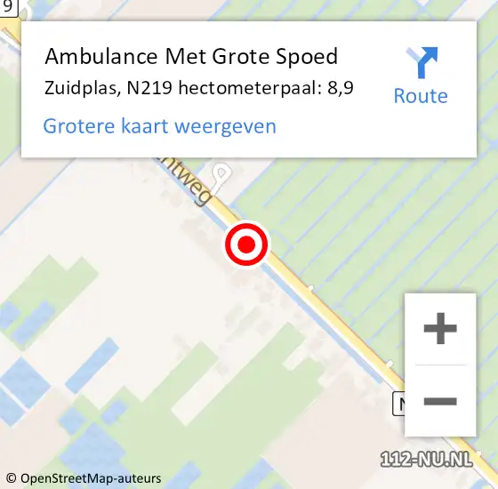 Locatie op kaart van de 112 melding: Ambulance Met Grote Spoed Naar Zuidplas, N219 hectometerpaal: 8,9 op 30 augustus 2022 15:03