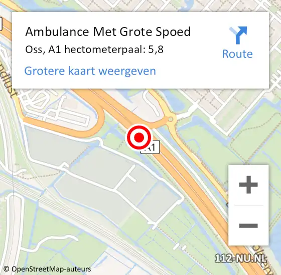 Locatie op kaart van de 112 melding: Ambulance Met Grote Spoed Naar Oss, A1 hectometerpaal: 5,8 op 30 augustus 2022 15:07