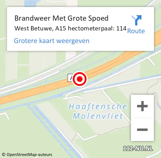 Locatie op kaart van de 112 melding: Brandweer Met Grote Spoed Naar West Betuwe, A15 hectometerpaal: 114 op 30 augustus 2022 15:33