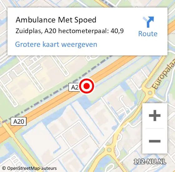 Locatie op kaart van de 112 melding: Ambulance Met Spoed Naar Zuidplas, A20 hectometerpaal: 40,9 op 30 augustus 2022 15:51