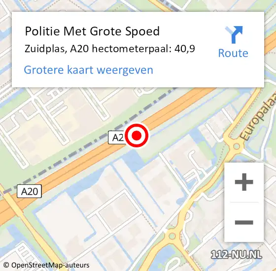 Locatie op kaart van de 112 melding: Politie Met Grote Spoed Naar Zuidplas, A20 hectometerpaal: 40,9 op 30 augustus 2022 15:58