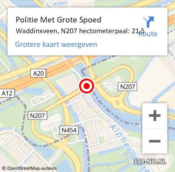 Locatie op kaart van de 112 melding: Politie Met Grote Spoed Naar Waddinxveen, N207 hectometerpaal: 21,5 op 30 augustus 2022 18:04