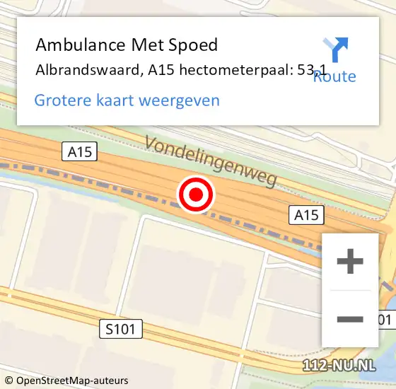 Locatie op kaart van de 112 melding: Ambulance Met Spoed Naar Albrandswaard, A15 hectometerpaal: 53,1 op 30 augustus 2022 18:21