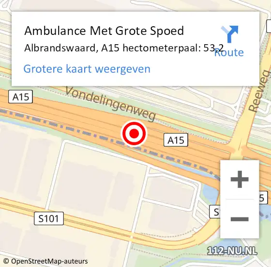 Locatie op kaart van de 112 melding: Ambulance Met Grote Spoed Naar Albrandswaard, A15 hectometerpaal: 53,2 op 30 augustus 2022 18:25