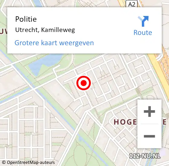 Locatie op kaart van de 112 melding: Politie Utrecht, Kamilleweg op 30 augustus 2022 21:09