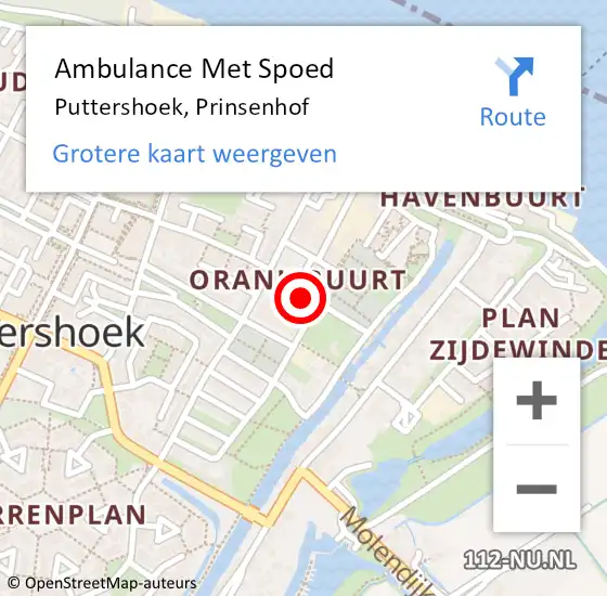 Locatie op kaart van de 112 melding: Ambulance Met Spoed Naar Puttershoek, Prinsenhof op 31 augustus 2022 04:59
