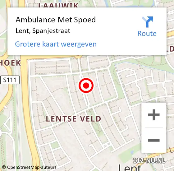 Locatie op kaart van de 112 melding: Ambulance Met Spoed Naar Lent, Spanjestraat op 31 augustus 2022 08:22