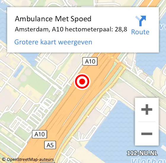 Locatie op kaart van de 112 melding: Ambulance Met Spoed Naar Amsterdam, A10 hectometerpaal: 28,8 op 31 augustus 2022 08:55