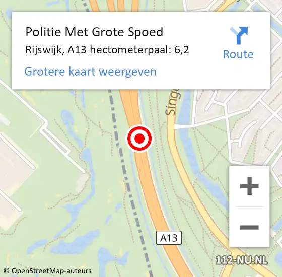 Locatie op kaart van de 112 melding: Politie Met Grote Spoed Naar Den Haag, A13 hectometerpaal: 6,2 op 31 augustus 2022 09:41