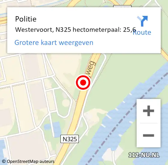 Locatie op kaart van de 112 melding: Politie Westervoort, N325 hectometerpaal: 25,6 op 31 augustus 2022 09:53