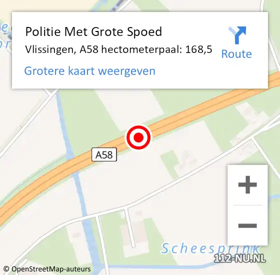 Locatie op kaart van de 112 melding: Politie Met Grote Spoed Naar Vlissingen, A58 hectometerpaal: 168,5 op 31 augustus 2022 13:23