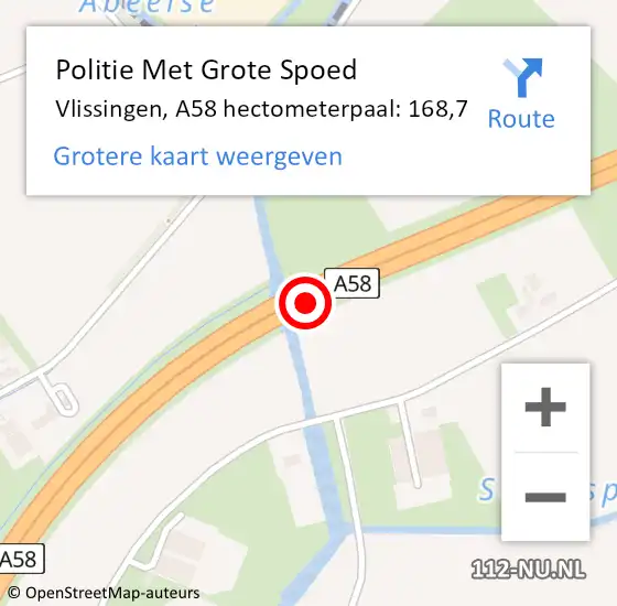 Locatie op kaart van de 112 melding: Politie Met Grote Spoed Naar Vlissingen, A58 hectometerpaal: 168,7 op 31 augustus 2022 13:27