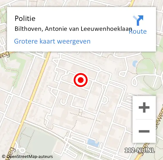 Locatie op kaart van de 112 melding: Politie Bilthoven, Antonie van Leeuwenhoeklaan op 31 augustus 2022 13:28