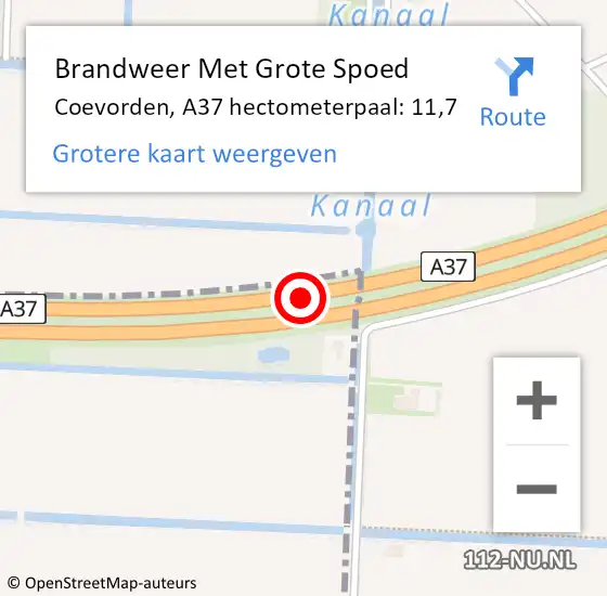 Locatie op kaart van de 112 melding: Brandweer Met Grote Spoed Naar Coevorden, A37 hectometerpaal: 11,7 op 31 augustus 2022 13:56