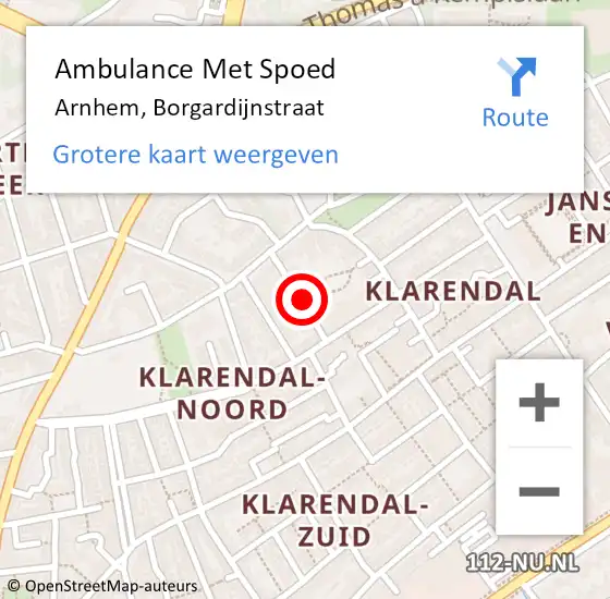 Locatie op kaart van de 112 melding: Ambulance Met Spoed Naar Arnhem, Borgardijnstraat op 31 augustus 2022 14:33