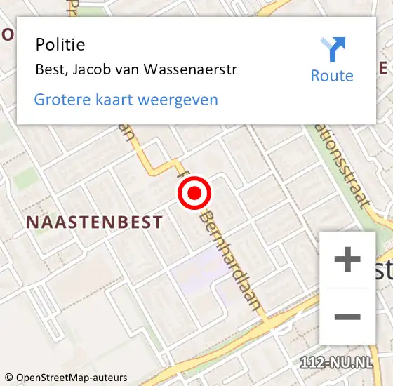 Locatie op kaart van de 112 melding: Politie Best, Jacob van Wassenaerstr op 31 augustus 2022 14:46