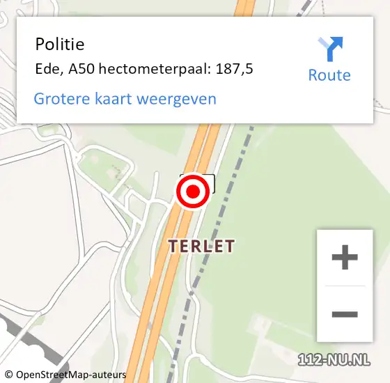 Locatie op kaart van de 112 melding: Politie Apeldoorn, A50 hectometerpaal: 187,5 op 31 augustus 2022 14:58