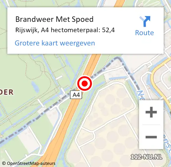Locatie op kaart van de 112 melding: Brandweer Met Spoed Naar Rijswijk, A4 hectometerpaal: 52,4 op 31 augustus 2022 15:09