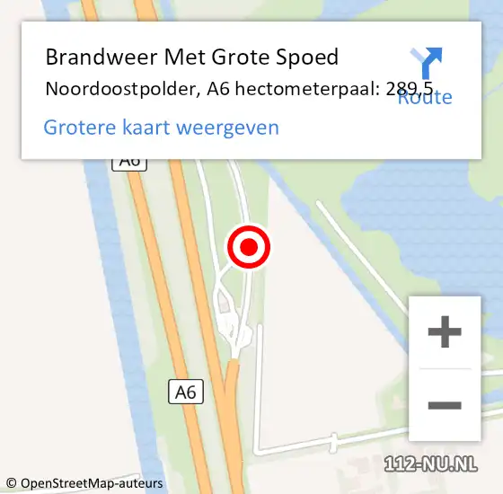 Locatie op kaart van de 112 melding: Brandweer Met Grote Spoed Naar Noordoostpolder, A6 hectometerpaal: 289,5 op 31 augustus 2022 15:20