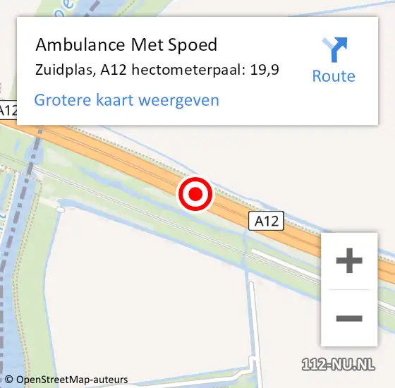 Locatie op kaart van de 112 melding: Ambulance Met Spoed Naar Zuidplas, A12 hectometerpaal: 19,9 op 31 augustus 2022 15:54