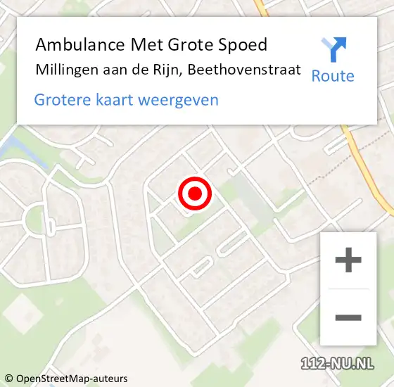 Locatie op kaart van de 112 melding: Ambulance Met Grote Spoed Naar Millingen aan de Rijn, Beethovenstraat op 31 augustus 2022 16:05