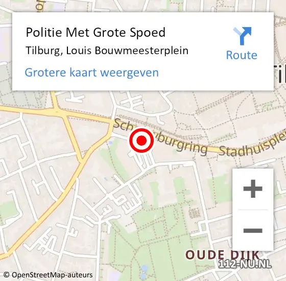 Locatie op kaart van de 112 melding: Politie Met Grote Spoed Naar Tilburg, Louis Bouwmeesterplein op 31 augustus 2022 16:16