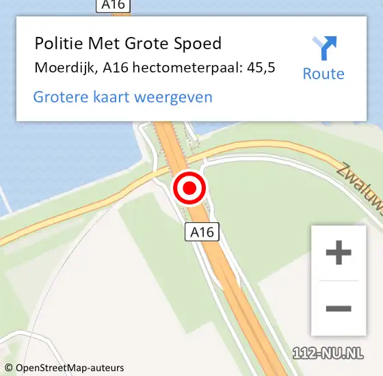 Locatie op kaart van de 112 melding: Politie Met Grote Spoed Naar Dordrecht, A16 hectometerpaal: 45,5 op 31 augustus 2022 16:32